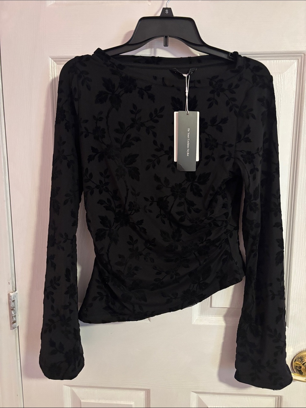 Black Floral Burnout Long-Sleeve Top